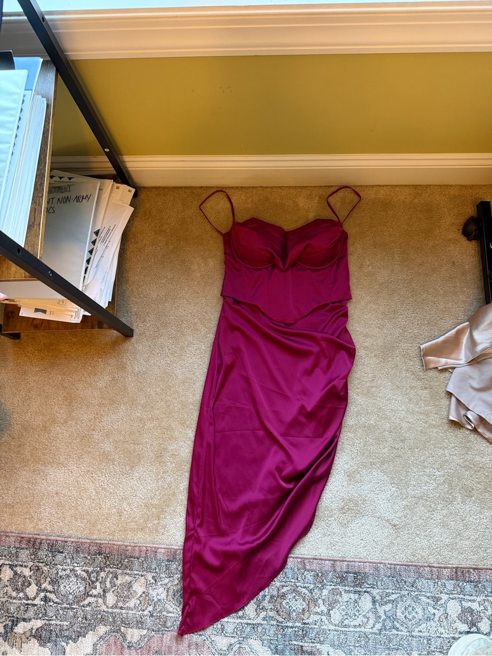 Oh Polly Strapless Wine Satin Midi Dress